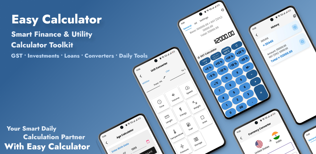 Easy Calculator app preview with GST, converters, and daily tools